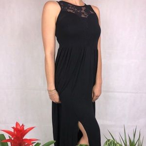 Black maxi dress with plunge lace neckline